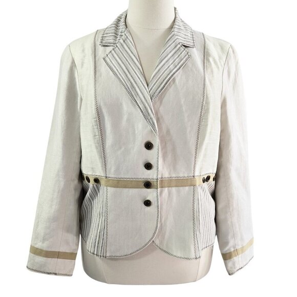 Coldwater Creek Linen Blend Cream Button Stripe Accent Blazer Preppy - Picture 1 of 9